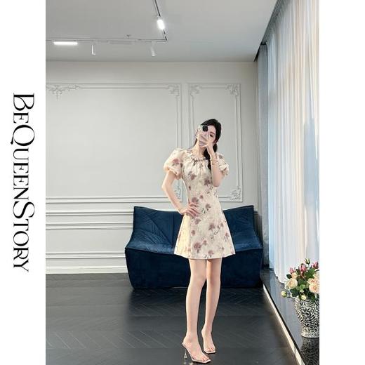 BeQueenStory【赤茶玫瑰】气质麻感提花泡泡袖手工钉珠收腰连衣裙 商品图3