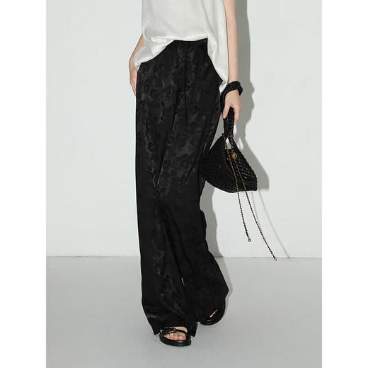 COCOBELLA新中式雾感提花缎面阔腿裤女春夏垂坠直筒裤PA0018 商品图2