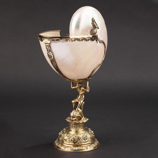 独角鹿西洋古董1600年代英国伊丽莎白一世时期出品古希腊神话主题银镀金装饰鹦鹉螺杯摆件 商品图2