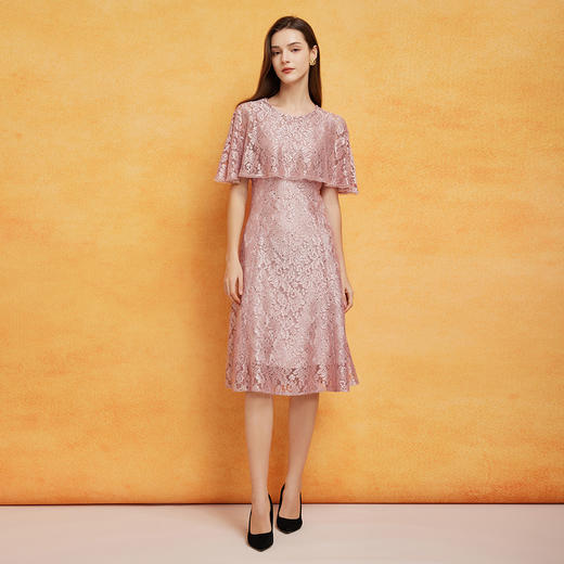 PF8E5斯尔丽24新款法式浪漫斗篷荷叶边通透蕾丝收腰放摆小礼服连衣裙 商品图3