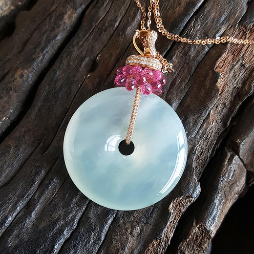 【天然正品】AU750收藏级玫瑰金镶钻镶天然冰种平安扣造型翡翠吊坠项链47.6*32.1*6.6MM（皆取最大值）250324XY05+ 商品图2