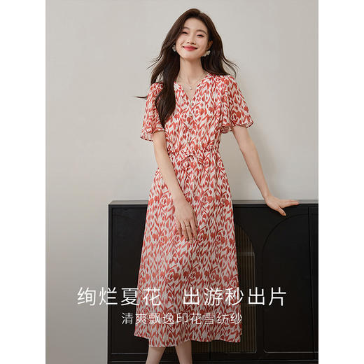 【专属特价】熙世界法式浪漫红色印花连衣裙夏季新款飞飞袖优雅气质收腰裙子 商品图2
