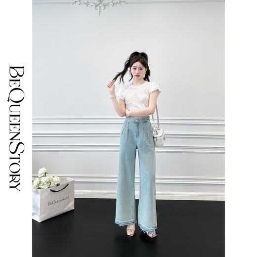 BeQueenStory【雾色庄园】设计感收褶打钉阔腿直筒裤高腰复古牛仔裤 商品图3