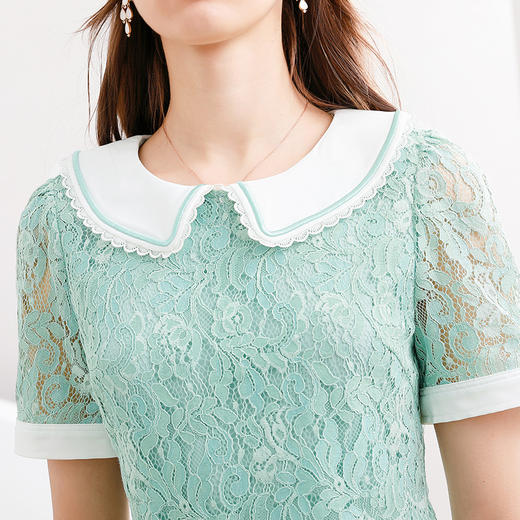 未风绿色蕾丝连衣裙女夏2024夏季新款娃娃领气质优雅减龄短袖裙子 商品图3