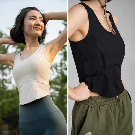 L RECNAVA [冰感螺纹] 可拆卸胸垫背心 拼接显瘦运动休闲背心上衣 商品图0