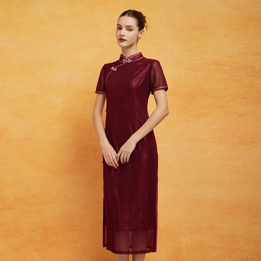 PF8G7斯尔丽2024新款旗开得胜新中式国风蕾丝立领盘扣修身中长连衣裙 商品图2