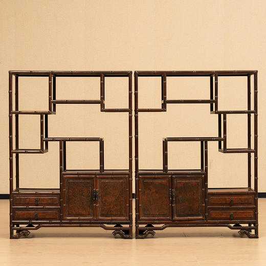 二十世纪 红木镶瘿木竹节工博古架摆件（一对） 商品图0