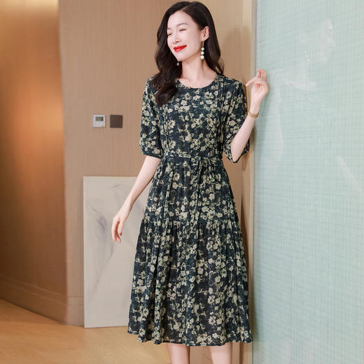 ASE通勤重磅真丝2024年夏季新款复古花色收腰显瘦真丝连衣裙夏季裙子 商品图3