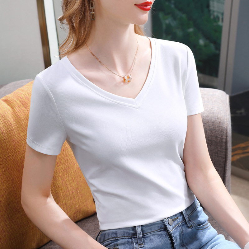 短袖t恤女新款女装简约v领棉体恤纯色大码收腰上衣CN94 29166 WX-171