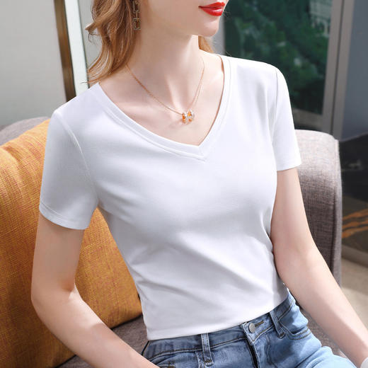 短袖t恤女新款女装简约v领棉体恤纯色大码收腰上衣CN94 29166 WX-171 商品图0