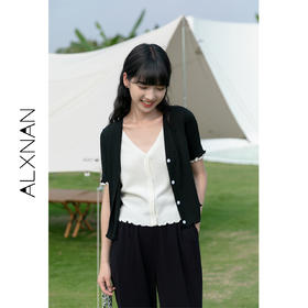 鹿向南 假两件针织衫女夏新款设计感小众V领撞色短袖开衫上衣LXN18753