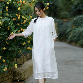 新中式改良旗袍连衣裙，中国风苎麻复古刺绣茶服QM-6231