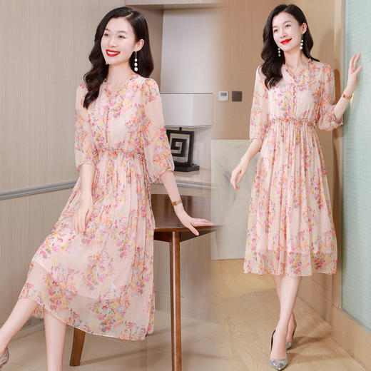 ASE重磅真丝2024夏季新款海边仙气风碎花调节腰九分袖V领真丝连衣裙 商品图0