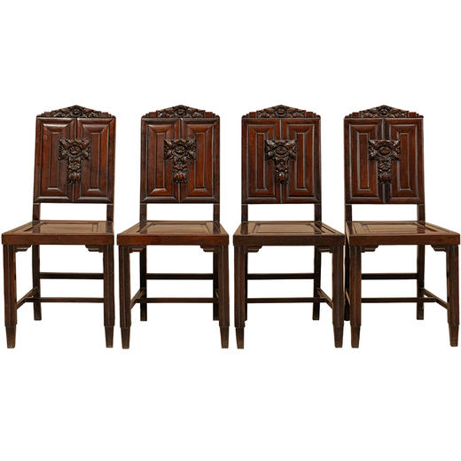 民国 红木花卉纹活屉靠背椅成堂（一堂四只） 商品图5