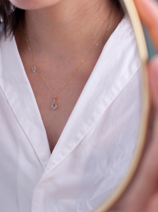 LUCINE 18k金天然海蓝宝石女项链镶钻吊坠生辰可调节日本彩宝细链 商品图2