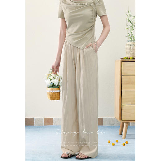 鹿向南【仲夏浅绿】国风垂感宽松休闲裤女夏季新款阔腿遮肉长裤QYM001352 商品图0