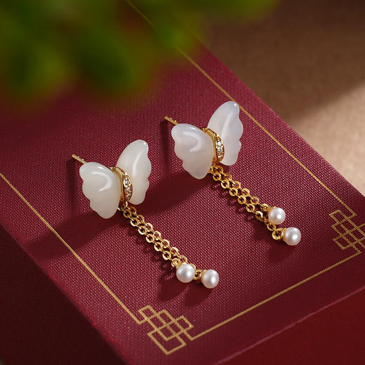 子佩集S925银【映蝶】耳钉【ED02883】纯银古法银和田玉蝴蝶镀金2405 商品图0