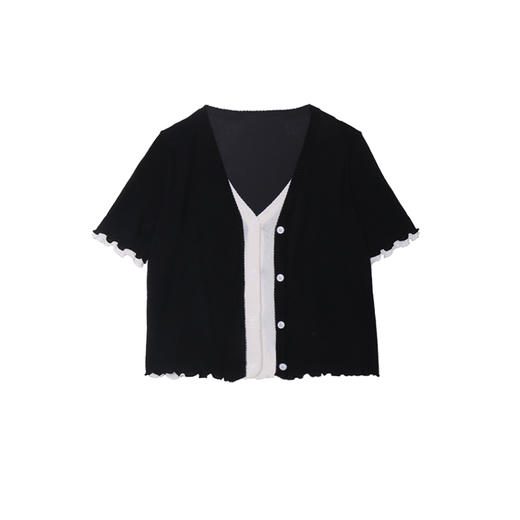 鹿向南 假两件针织衫女夏新款设计感小众V领撞色短袖开衫上衣LXN18753 商品图4