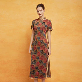 PF8G9斯尔丽2024新款花开富贵旗开得胜短袖改良旗袍中长修身显瘦连衣裙