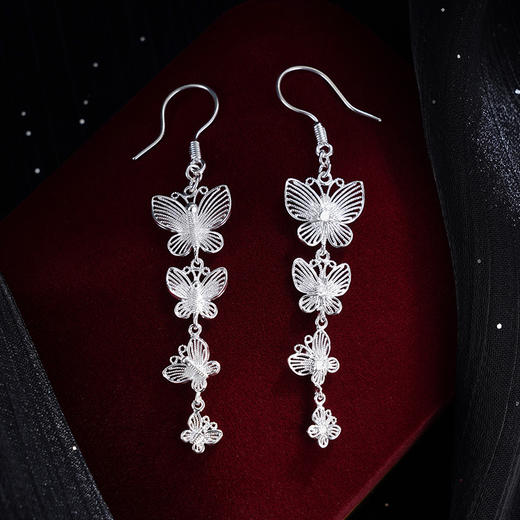 子佩集S990银【蛱蝶蹁跹】耳环【QFES040】纯银花丝四只蝴蝶流苏2405 商品图2