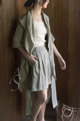 Cortana 灰绿条纹CLEO丝麻短裤