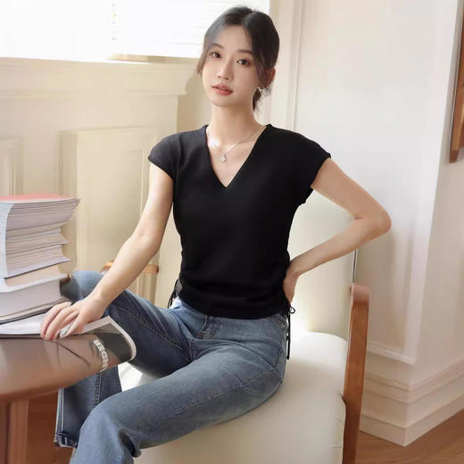 【条纹冰丝针织衫】正肩微胖显瘦上衣设计感小众冰丝针织衫抽绳别致条纹短袖t恤女夏 商品图3