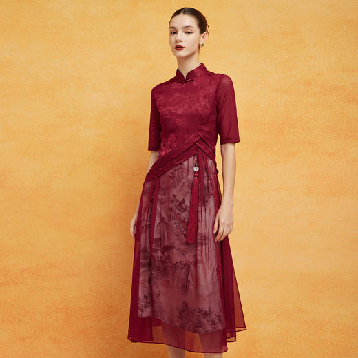 PF8G6斯尔丽2024新款改良旗袍拼接薄透朦胧水墨画精致流苏连衣裙 商品图2