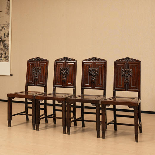 民国 红木花卉纹活屉靠背椅成堂（一堂四只） 商品图4