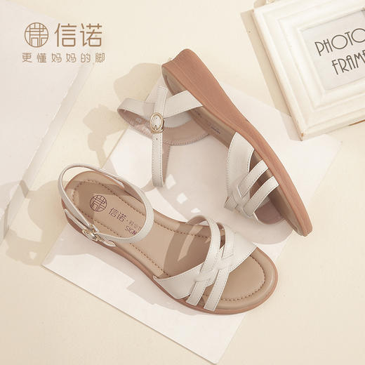 信诺真皮舒适中年妈妈凉鞋2023夏季新款软底坡跟防滑休闲百搭女鞋23L368-6 商品图2