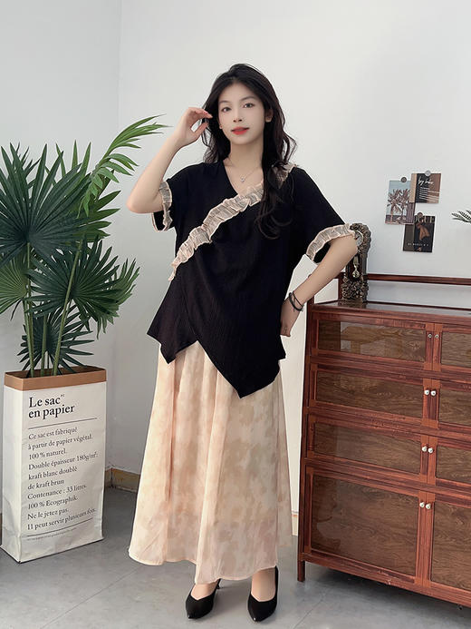 【130-320斤大码女装】木耳边短袖上衣+半身裙套装 夏季款胖mm新式国风套装 商品图1