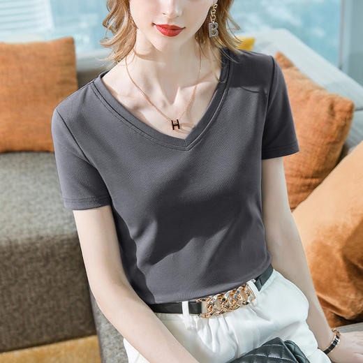 短袖t恤女新款女装简约v领棉体恤纯色大码收腰上衣CN94 29166 WX-171 商品图6