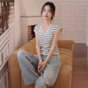 【条纹冰丝针织衫】正肩微胖显瘦上衣设计感小众冰丝针织衫抽绳别致条纹短袖t恤女夏 商品缩略图0
