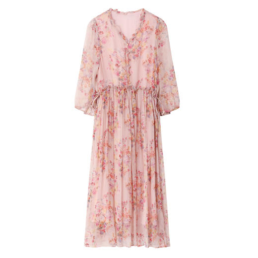 ASE重磅真丝2024夏季新款海边仙气风碎花调节腰九分袖V领真丝连衣裙 商品图4