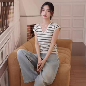 【条纹冰丝针织衫】正肩微胖显瘦上衣设计感小众冰丝针织衫抽绳别致条纹短袖t恤女夏