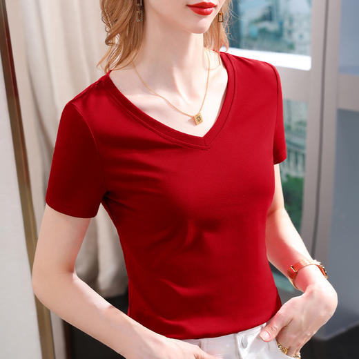 短袖t恤女新款女装简约v领棉体恤纯色大码收腰上衣CN94 29166 WX-171 商品图1
