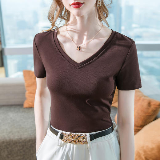 短袖t恤女新款女装简约v领棉体恤纯色大码收腰上衣CN94 29166 WX-171 商品图5