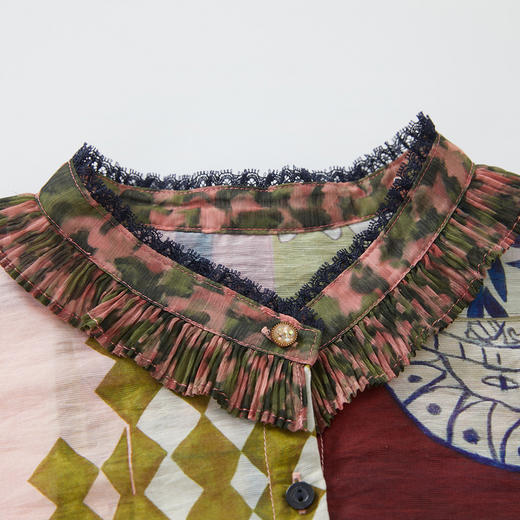 谜底花色衬衫七分袖女2024夏季款复古田园风荷叶领衬衣247MC5001 商品图3