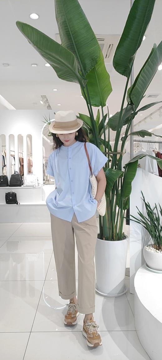 48R905全棉法式立领宽松衬衫T恤 淡蓝/鹅黄/淡粉/白色 大版型，150斤以内穿均可 商品图1