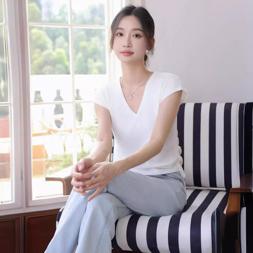 【条纹冰丝针织衫】正肩微胖显瘦上衣设计感小众冰丝针织衫抽绳别致条纹短袖t恤女夏 商品图1