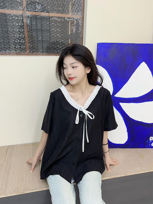 【加大码女装法式衬衫短袖】夏季新款130-320斤胖MM居家别致上衣 休闲宽松V领衬衫 商品图2