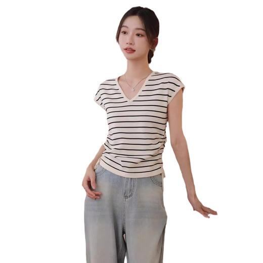 【条纹冰丝针织衫】正肩微胖显瘦上衣设计感小众冰丝针织衫抽绳别致条纹短袖t恤女夏 商品图4