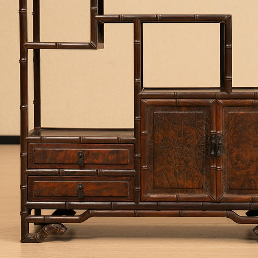 二十世纪 红木镶瘿木竹节工博古架摆件（一对） 商品图2