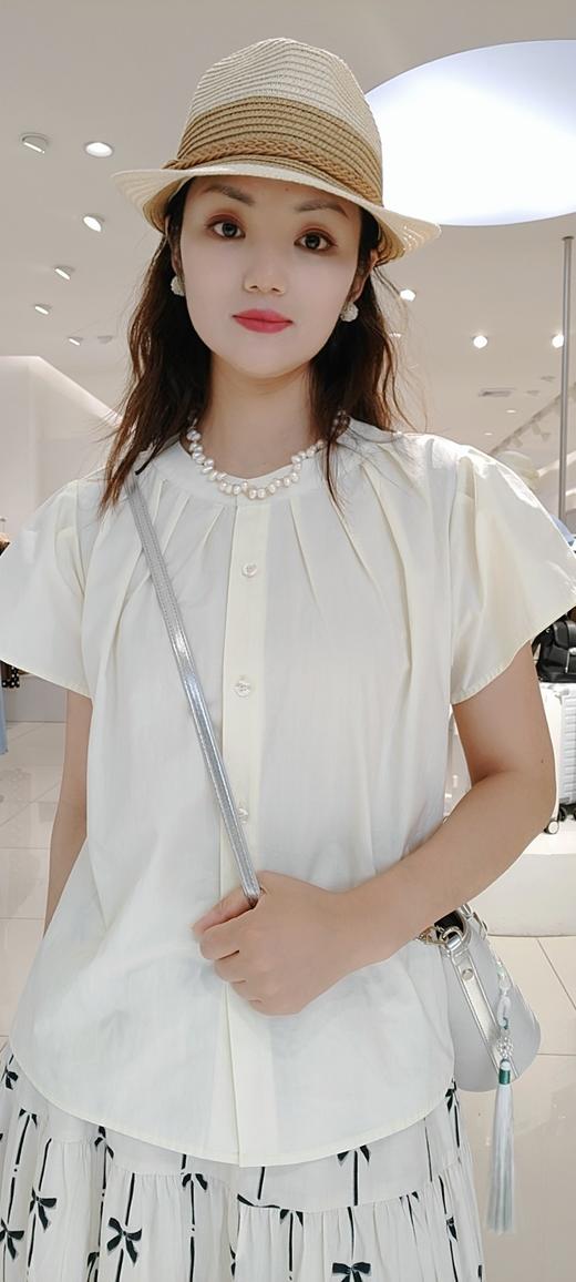 48R721法式全棉褶皱圆领衬衫时尚款T恤 小板型衬衫，白 黄 商品图8