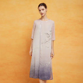 PF8C2斯尔丽24新款新中式国风水墨晕染定位花宽松版显瘦清爽飘逸连衣裙