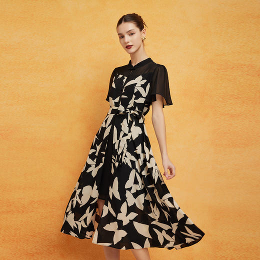 PF8B4斯尔丽2024新款改良旗袍式宽松版显瘦撞色印花浪漫气质连衣裙 商品图0