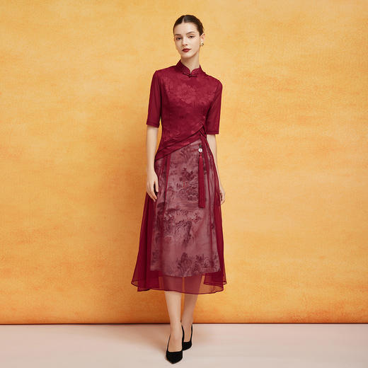 PF8G6斯尔丽2024新款改良旗袍拼接薄透朦胧水墨画精致流苏连衣裙 商品图3