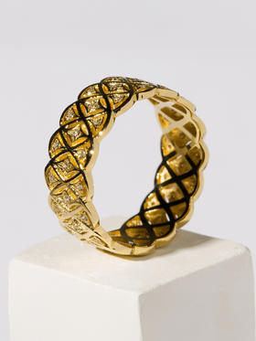 LUCINE 秘密花园定制18K黄金钻石戒指宽蕾丝菱格复古宫廷时尚大气