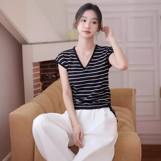 【条纹冰丝针织衫】正肩微胖显瘦上衣设计感小众冰丝针织衫抽绳别致条纹短袖t恤女夏 商品图2