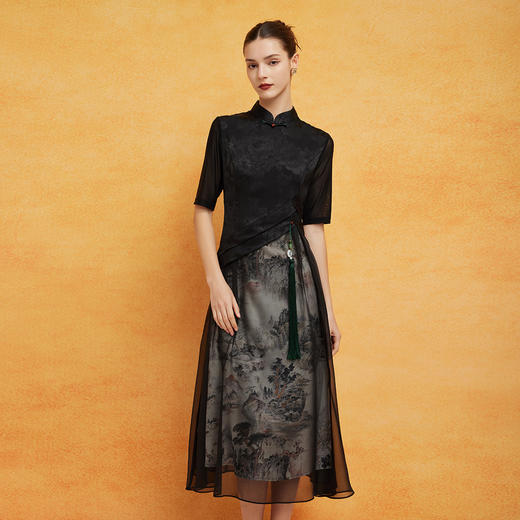 PF8G6斯尔丽2024新款改良旗袍拼接薄透朦胧水墨画精致流苏连衣裙 商品图6