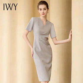 IWY/灰色短袖连衣裙女高级气质通勤西装裙高级干练感教师商务正装242036Q1